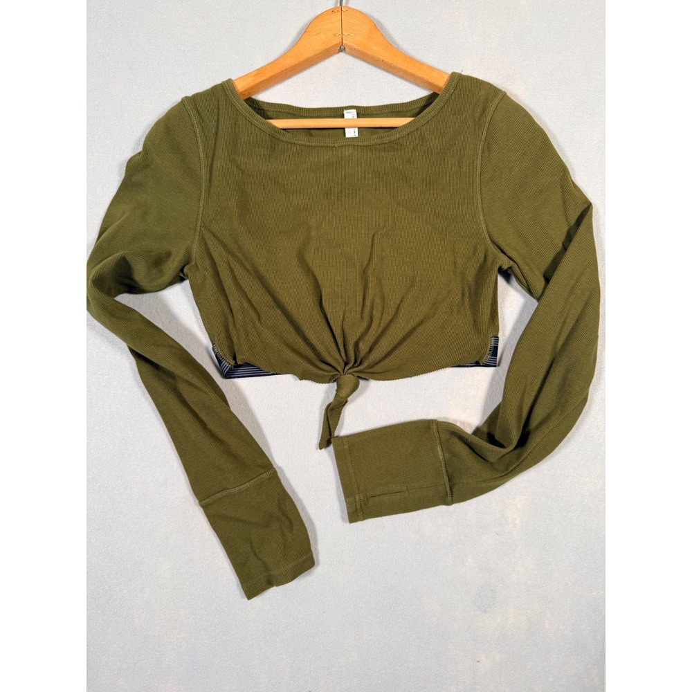 FP Movement Womens Olive Green Ribbed Tie Front Long Sleeve Crop Top Large
